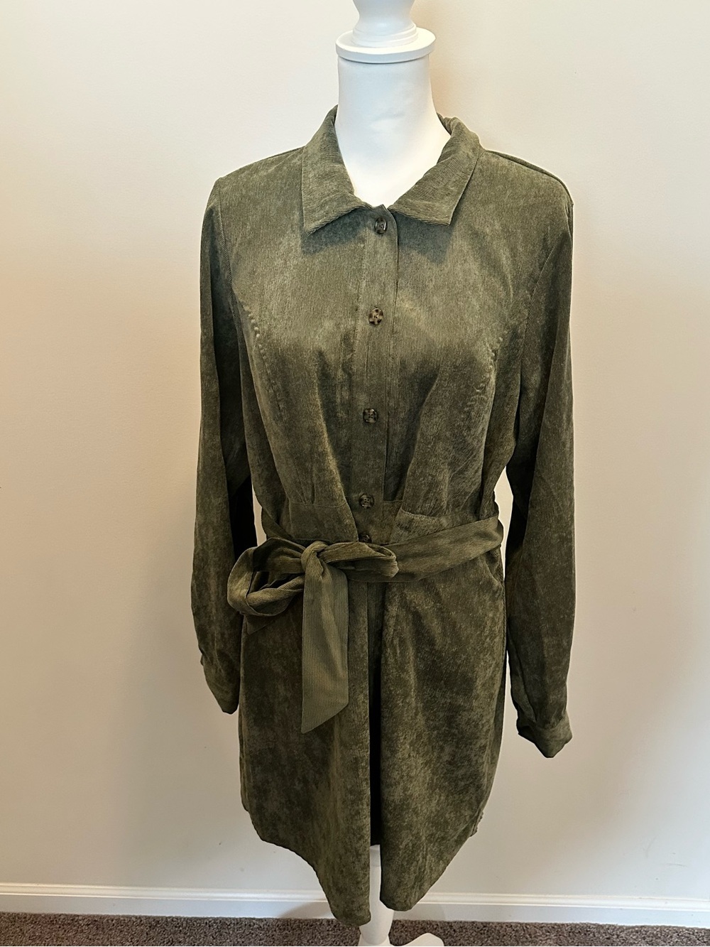 Francesca's Women’s Olive Green Corduroy Long Sleeve Dress